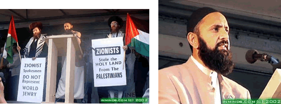 Ismail Patel reading a statement on behalf of Neturei Karta, with two members 